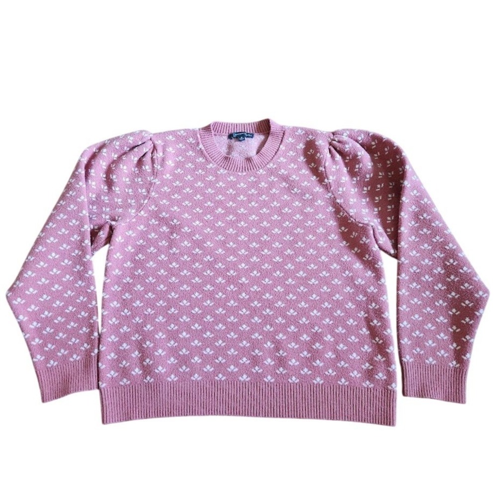 Adrianna Papell Pink White Floral Puff Shoulder Knit Sweater Size M 648
